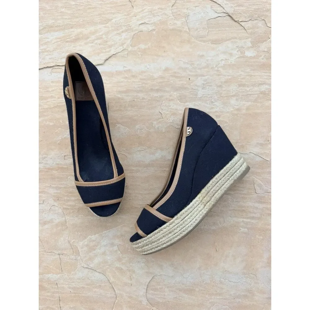 Tory Burch Majorca Espadrille Wedge Women's Size 6.5 Black Brown Peep Toe
